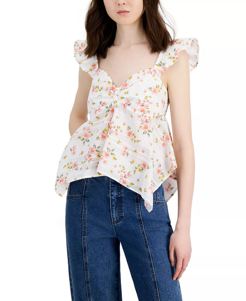 Self Esteem Women's White Floral Flutter Sleeve Asymmetrical Hem Blouse |Self Esteem In Lebanon