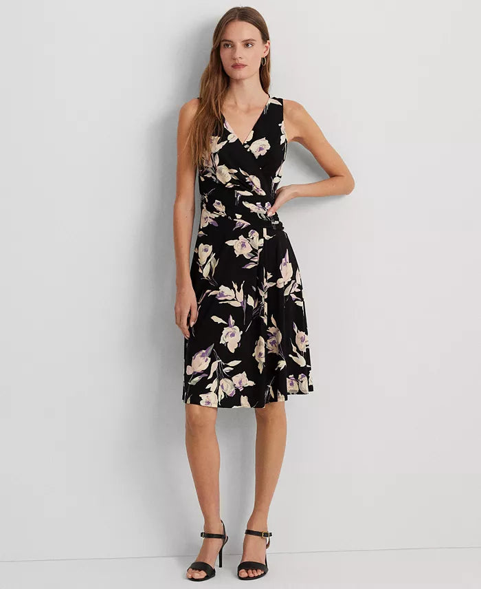 Lauren Ralph Lauren Women's Black Floral Surplice Jersey Sleeveless Dress | Lauren Ralph Lauren In Lebanon