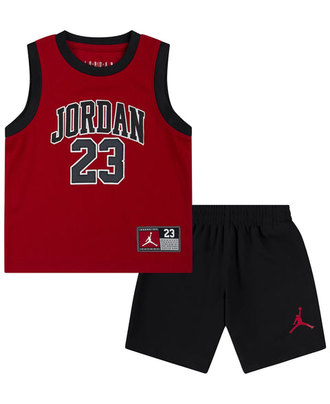 Red Jordan basketball jersey with black shorts on a white background