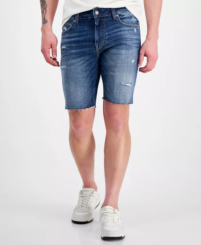 Guess Men's Dark Blue Logan Distressed Denim Shorts | Guess In Lebanon