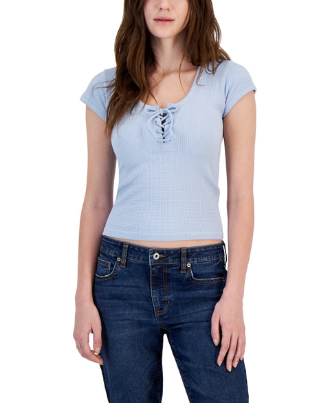 Planet Heart Women's Blue Lace-Up Seamless Waffle T-Shirt | Planet Heart In Lebanon