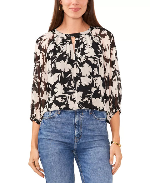 Vince Camuto Women's Black Floral Printed Crew Neck cut out 3/4 Sleeve Blouse  |Vince Camuto In Lebanon