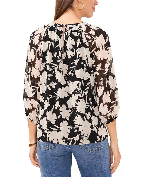 Vince Camuto Women's Black Floral Printed Crew Neck cut out 3/4 Sleeve Blouse  |Vince Camuto In Lebanon