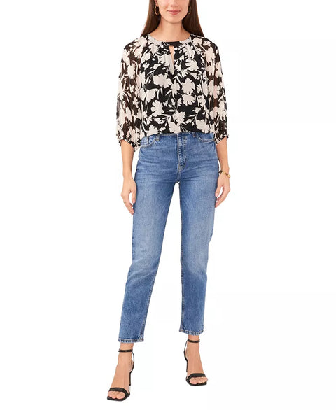 Vince Camuto Women's Black Floral Printed Crew Neck cut out 3/4 Sleeve Blouse  |Vince Camuto In Lebanon