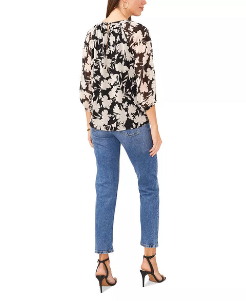 Vince Camuto Women's Black Floral Printed Crew Neck cut out 3/4 Sleeve Blouse  |Vince Camuto In Lebanon