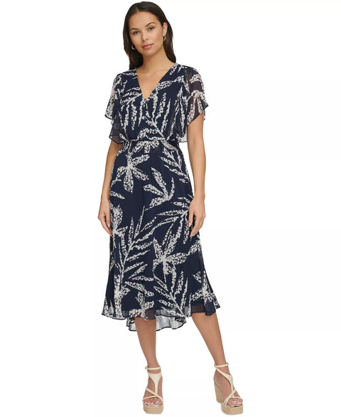 DKNY Women's Navy Printed Chiffon Flutter-Sleeve Midi Dress|DKNY In Lebanon