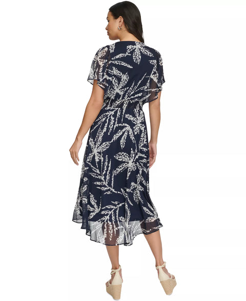 DKNY Women's Navy Printed Chiffon Flutter-Sleeve Midi Dress|DKNY In Lebanon