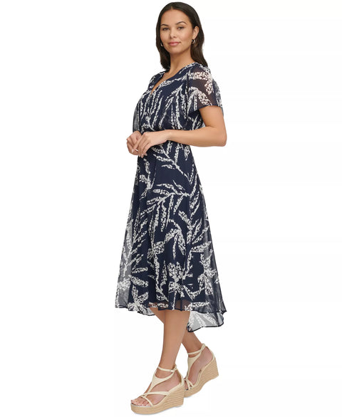 DKNY Women's Navy Printed Chiffon Flutter-Sleeve Midi Dress|DKNY In Lebanon