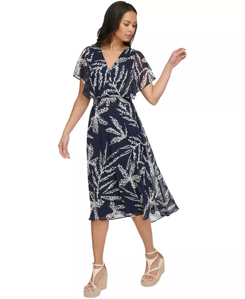 DKNY Women's Navy Printed Chiffon Flutter-Sleeve Midi Dress|DKNY In Lebanon