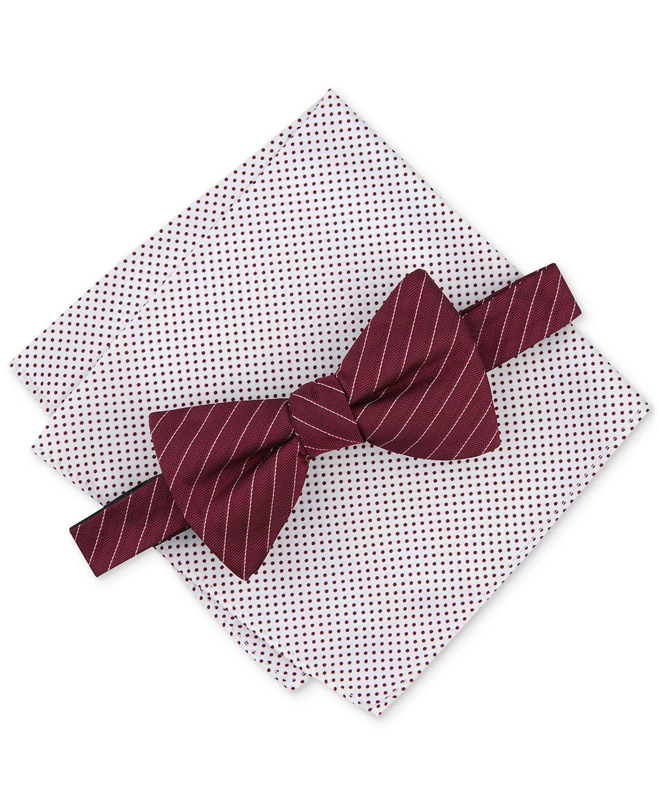 Alfani Men's Burgundy Ozark Stripe Bow Tie & Dot Pocket Square Set | Alfani In Lebanon