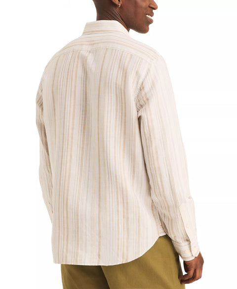 Nautica Men's White & Beige Classic-Fit Striped Linen-Blend Long Sleeve Shirt | Nautica In Lebanon