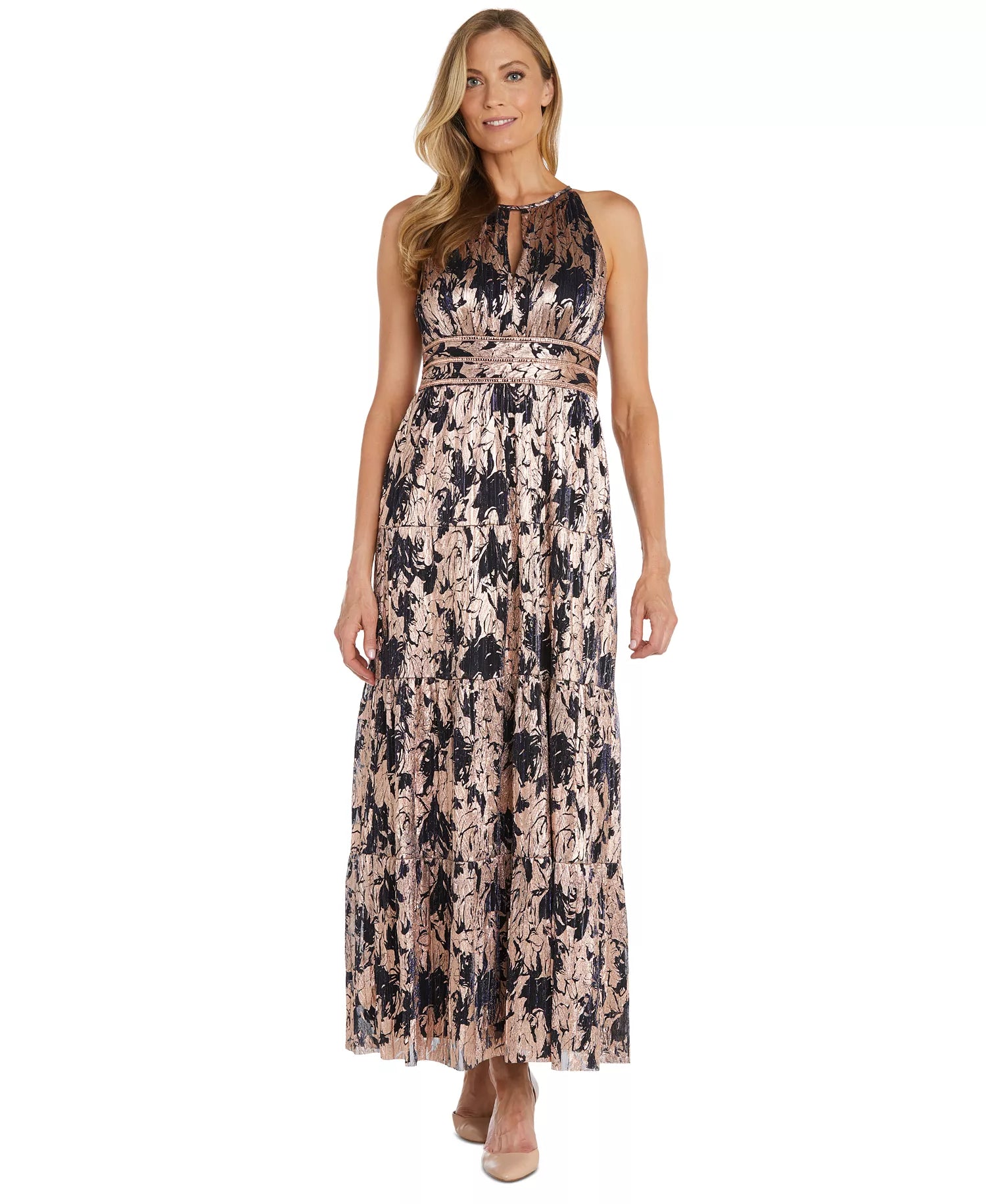 R&M Richards Women’s Multi Tiered Metallic Floral Halter Dress | R&M Richards in Lebanon