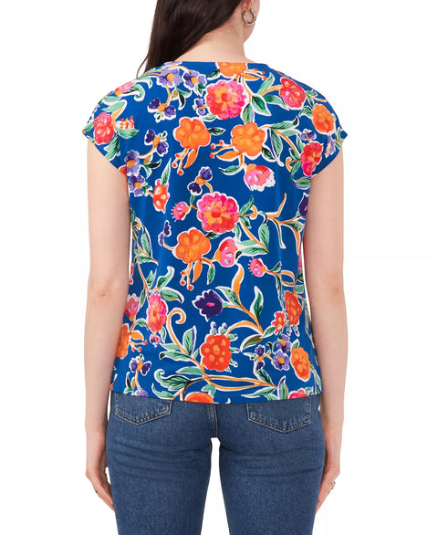 Vince Camuto Women's Blue Multi Floral V-Neck Cap Sleeve Knit Blouse | Vince Camuto In Lebanon