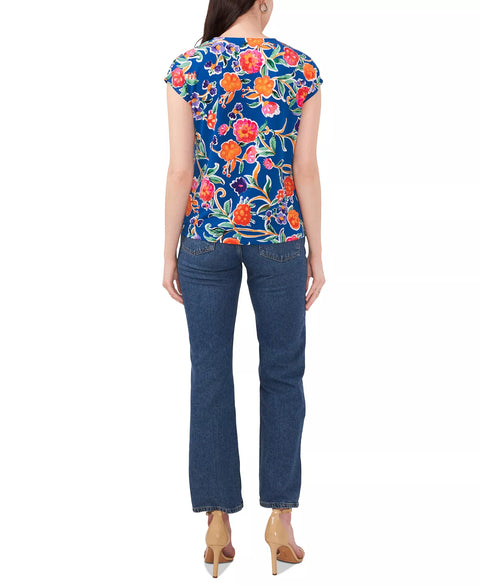 Vince Camuto Women's Blue Multi Floral V-Neck Cap Sleeve Knit Blouse | Vince Camuto In Lebanon
