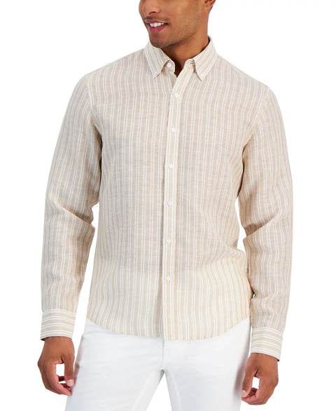 Michael Kors Men's Beige Classic-Fit Halo Stripe Long Sleeve Button-Front Linen Shirt | Michael Kors In Lebanon