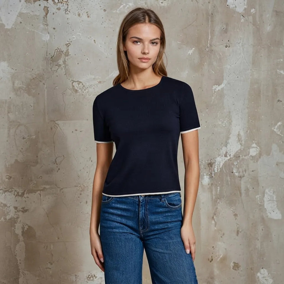 Sinsay Women's Navy Knit Fabric with a Trim Along the Cuffs and Bottom Hem T-Shirt