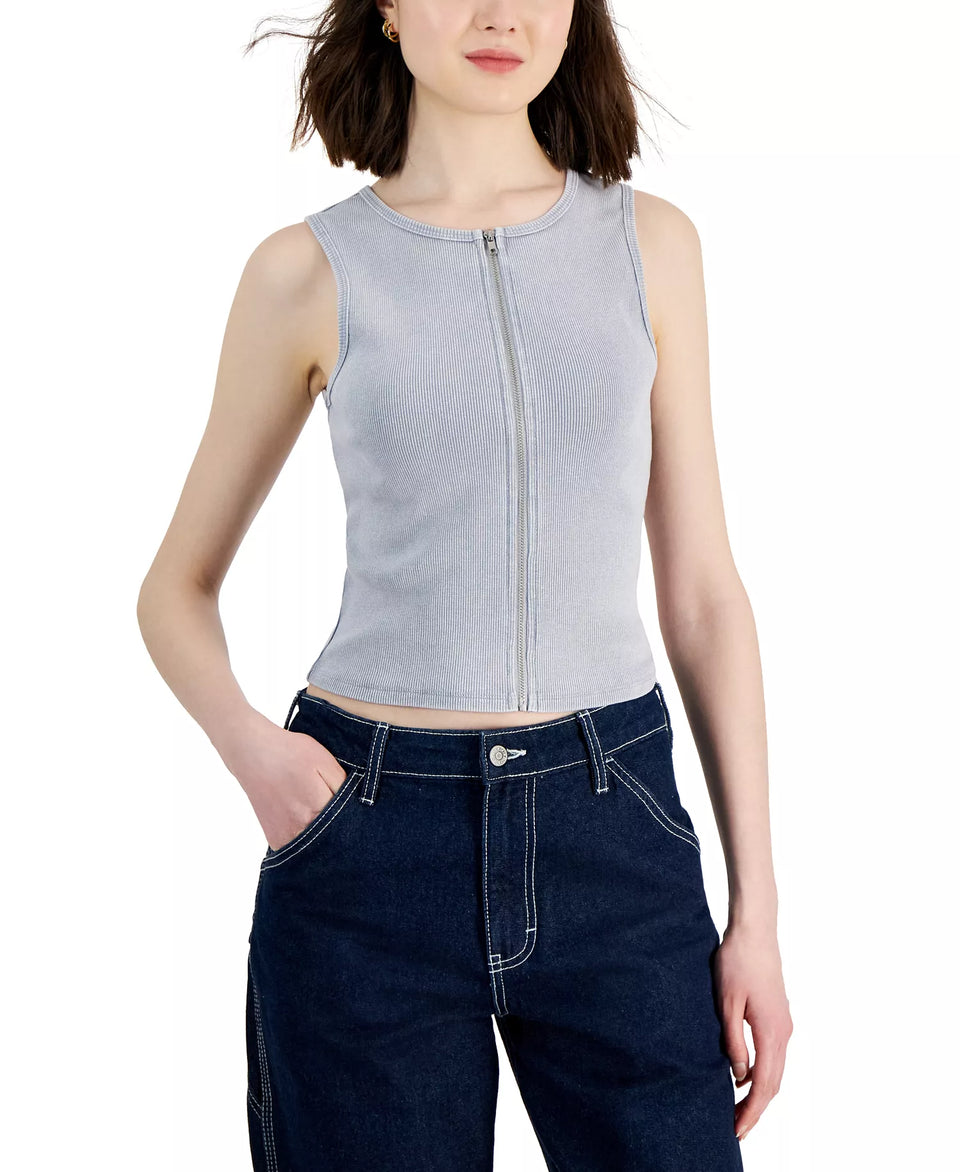 Madden Girl Women's Blue Zip-Front Mineral Washed Tank Top | Madden Girl In Lebanon