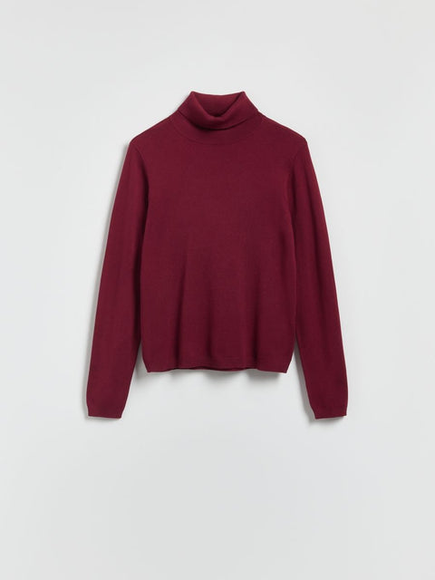 Maroon turtleneck sweater on a light gray background
