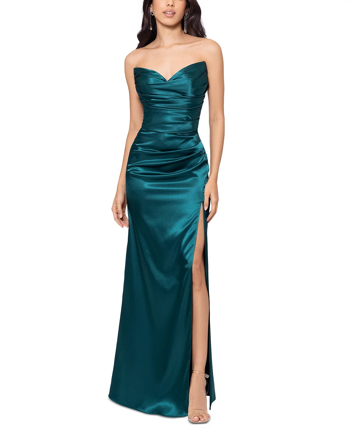 Blondie Nites Women's Dark Green Strapless Side-Slit Satin Dress | Blondie Nites In Lebanon