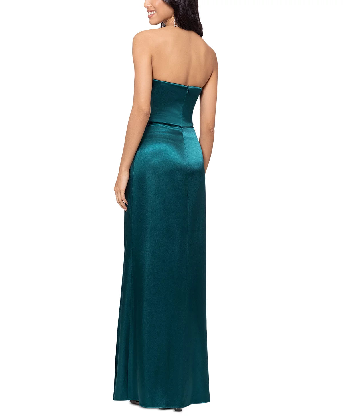 Blondie Nites Women's Dark Green Strapless Side-Slit Satin Dress | Blondie Nites In Lebanon