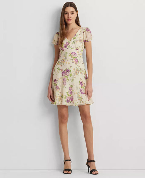 Lauren Ralph Lauren Women's Light Beige Floral Georgette Puff-Sleeve Dress | Lauren Ralph Lauren In Lebanon