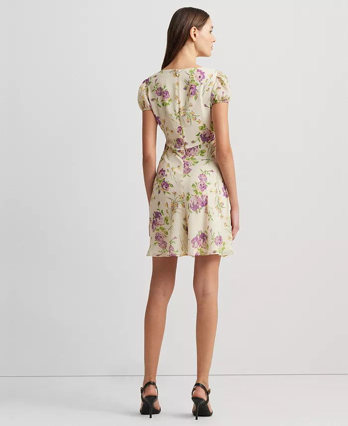 Lauren Ralph Lauren Women's Light Beige Floral Georgette Puff-Sleeve Dress | Lauren Ralph Lauren In Lebanon