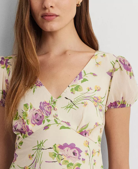Lauren Ralph Lauren Women's Light Beige Floral Georgette Puff-Sleeve Dress | Lauren Ralph Lauren In Lebanon