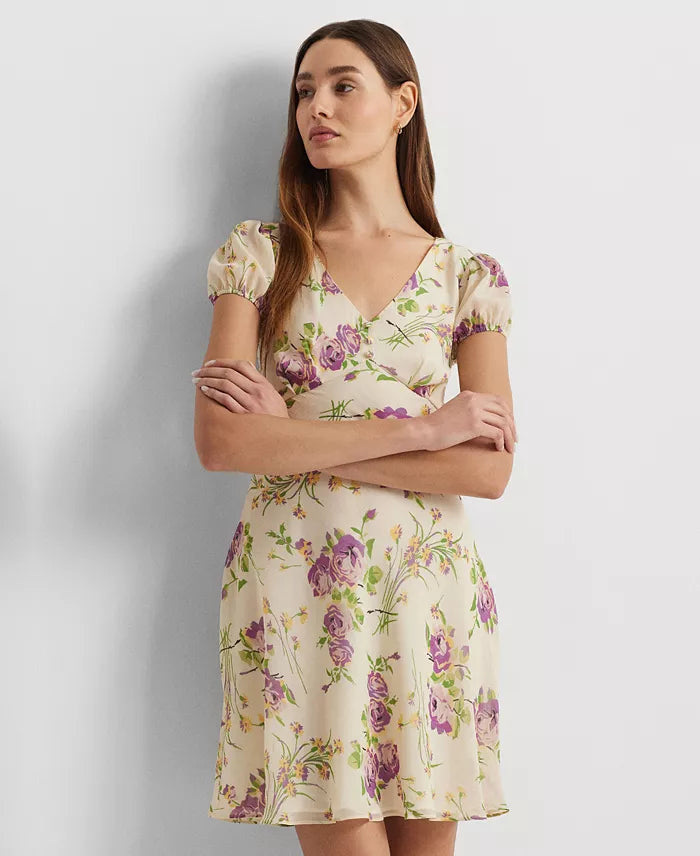 Lauren Ralph Lauren Women's Light Beige Floral Georgette Puff-Sleeve Dress | Lauren Ralph Lauren In Lebanon