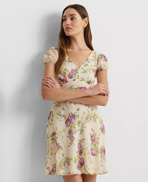 Lauren Ralph Lauren Women's Light Beige Floral Georgette Puff-Sleeve Dress | Lauren Ralph Lauren In Lebanon