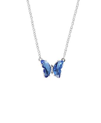 Butterfly-shaped blue pendant on a silver chain against a white background