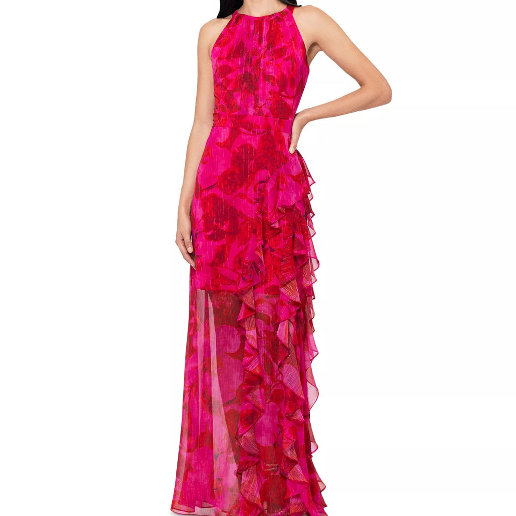 Betsy & Adam Women's Fuchsia Printed Ruffled Halter Gown Dress