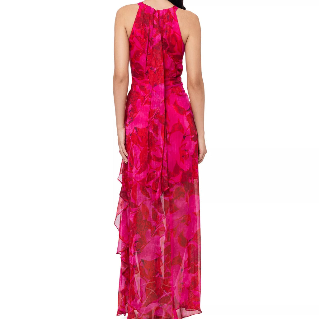 Betsy & Adam Women's Fuchsia Printed Ruffled Halter Gown Dress