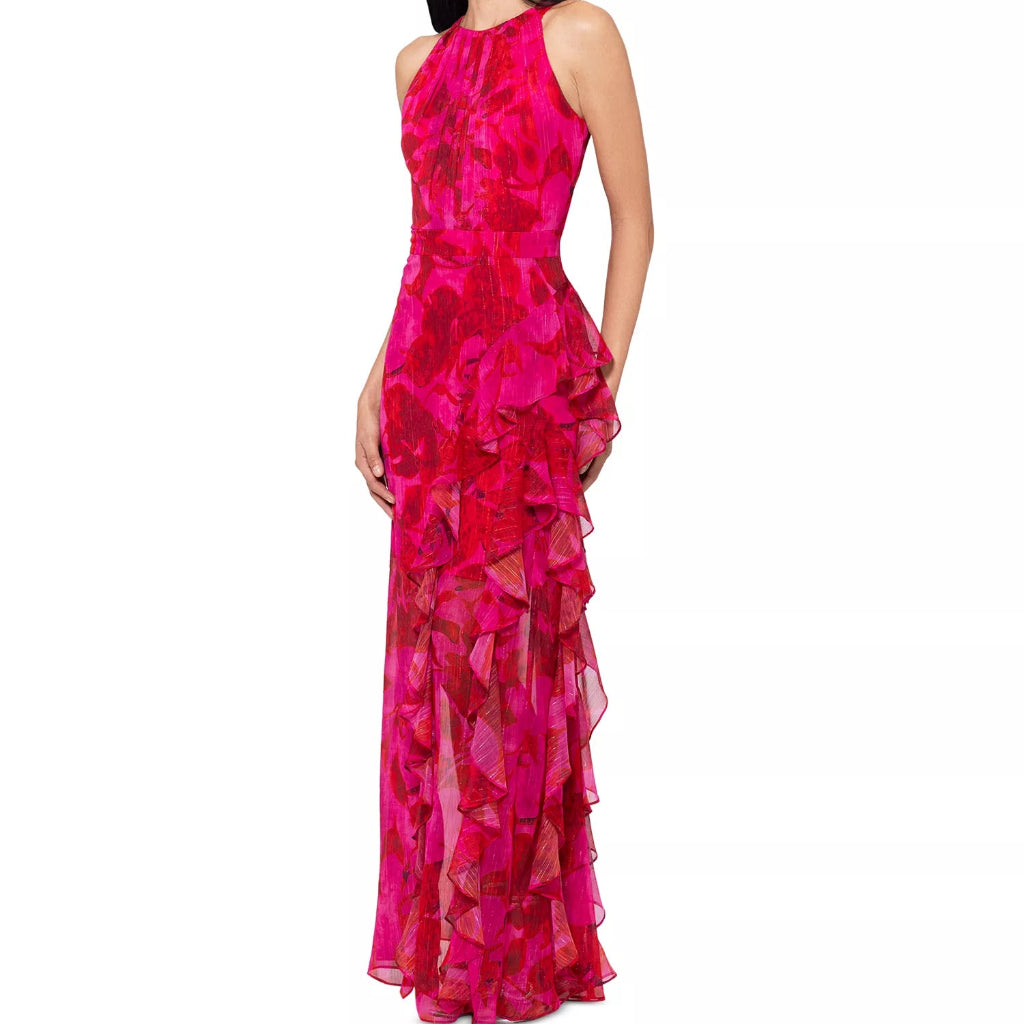Betsy & Adam Women's Fuchsia Printed Ruffled Halter Gown Dress