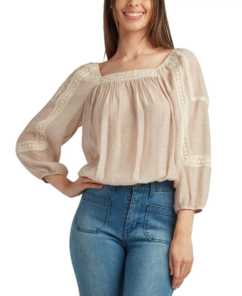 BCX Women's Sand Lace-Trim Tie-Back Peasant Blouse | BCX In Lebanon