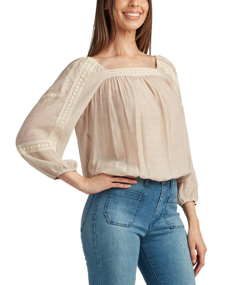 BCX Women's Sand Lace-Trim Tie-Back Peasant Blouse | BCX In Lebanon