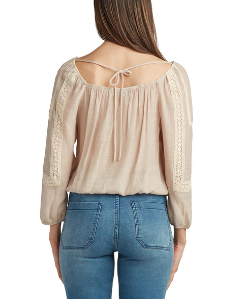 BCX Women's Sand Lace-Trim Tie-Back Peasant Blouse | BCX In Lebanon