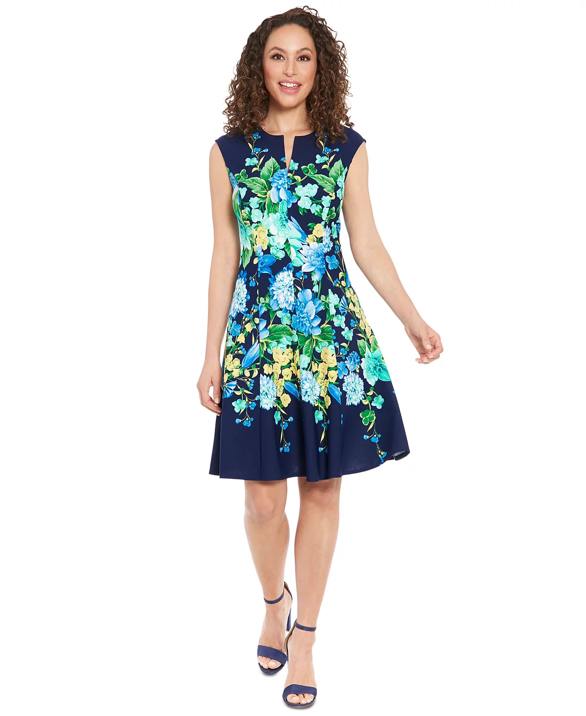 London Times Women's Navy Petite Split-Neck Floral-Print Fit & Flare Dress | London Times In Lebanon