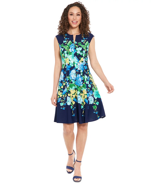 London Times Women's Navy Petite Split-Neck Floral-Print Fit & Flare Dress | London Times In Lebanon