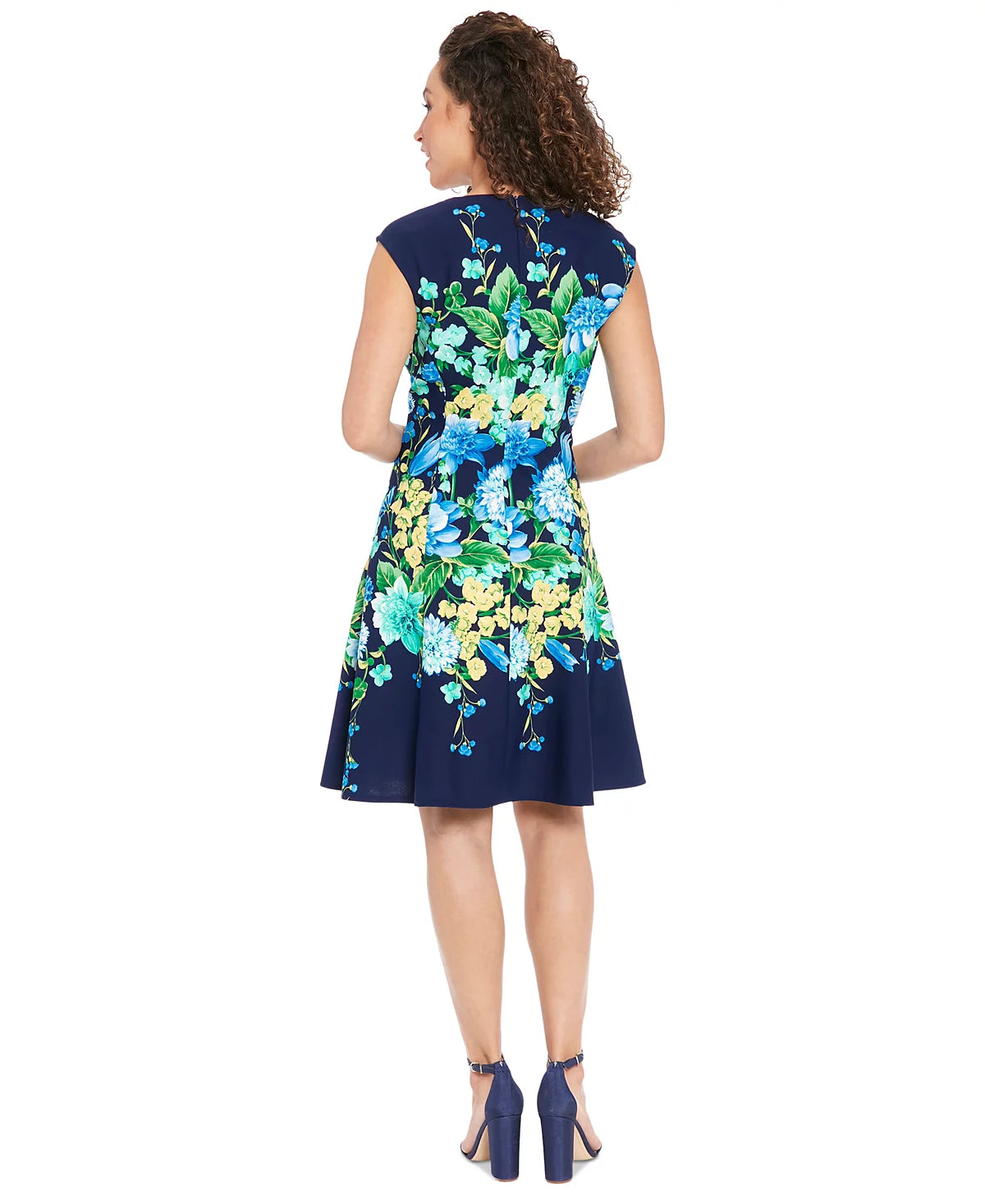 London Times Women's Navy Petite Split-Neck Floral-Print Fit & Flare Dress | London Times In Lebanon