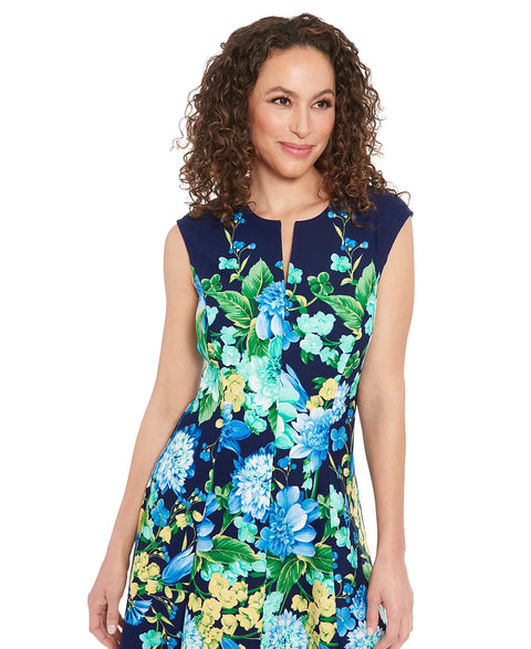 London Times Women's Navy Petite Split-Neck Floral-Print Fit & Flare Dress | London Times In Lebanon