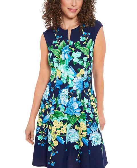 London Times Women's Navy Petite Split-Neck Floral-Print Fit & Flare Dress | London Times In Lebanon