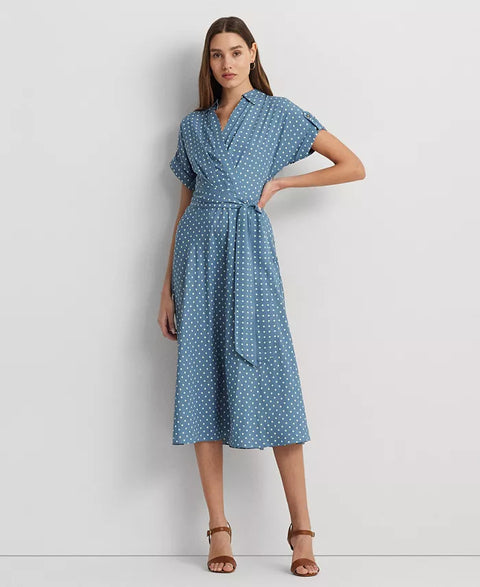 Lauren Ralph Lauren Women's Blue Polka-Dot Belted Crepe Dress | Lauren Ralph Lauren In Lebanon