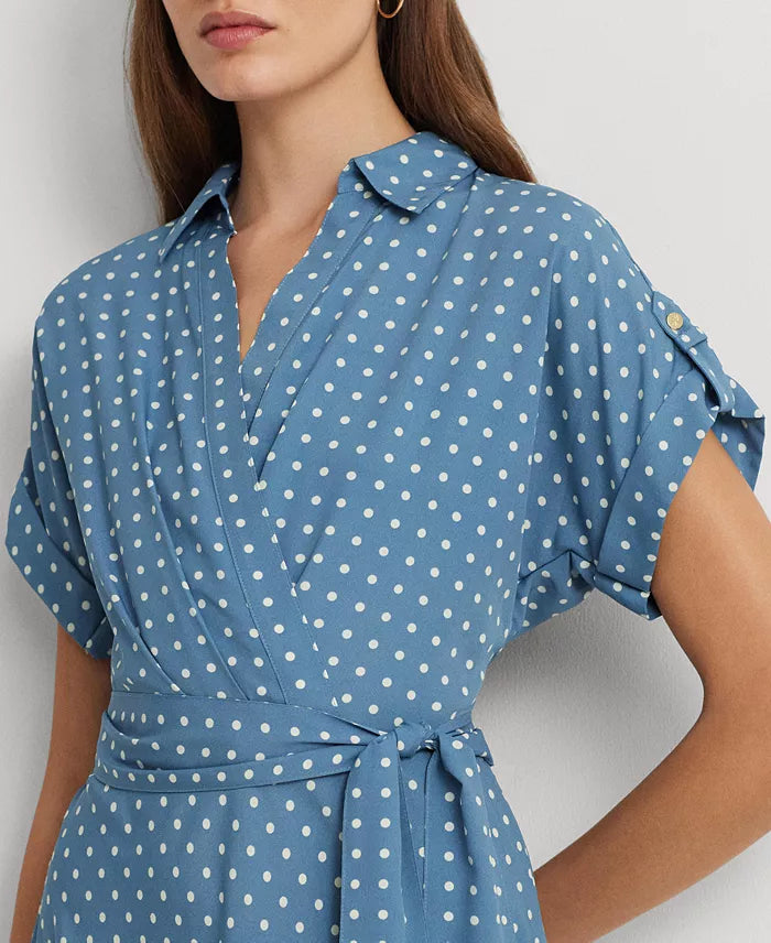 Lauren Ralph Lauren Women's Blue Polka-Dot Belted Crepe Dress | Lauren Ralph Lauren In Lebanon