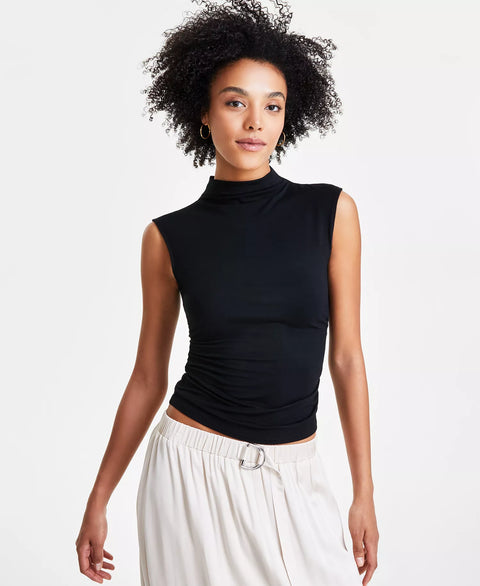 Bar III Women's Black Petite  Side-Ruched Mock-Neck Sleeveless Blouse | Bar III in Lebanon