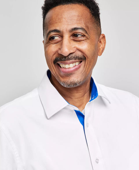 Tayion Collection Men's White Slim-Fit Blue Trim Solid Dress Shirt | Tayion Collection In Lebanon