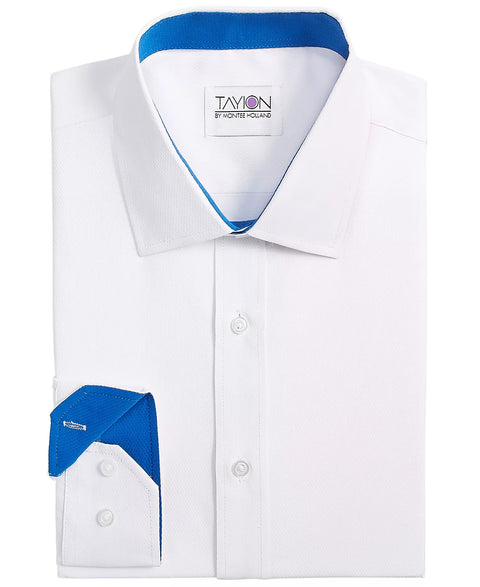 White dress shirt with blue accents and Tavion logo on a white background