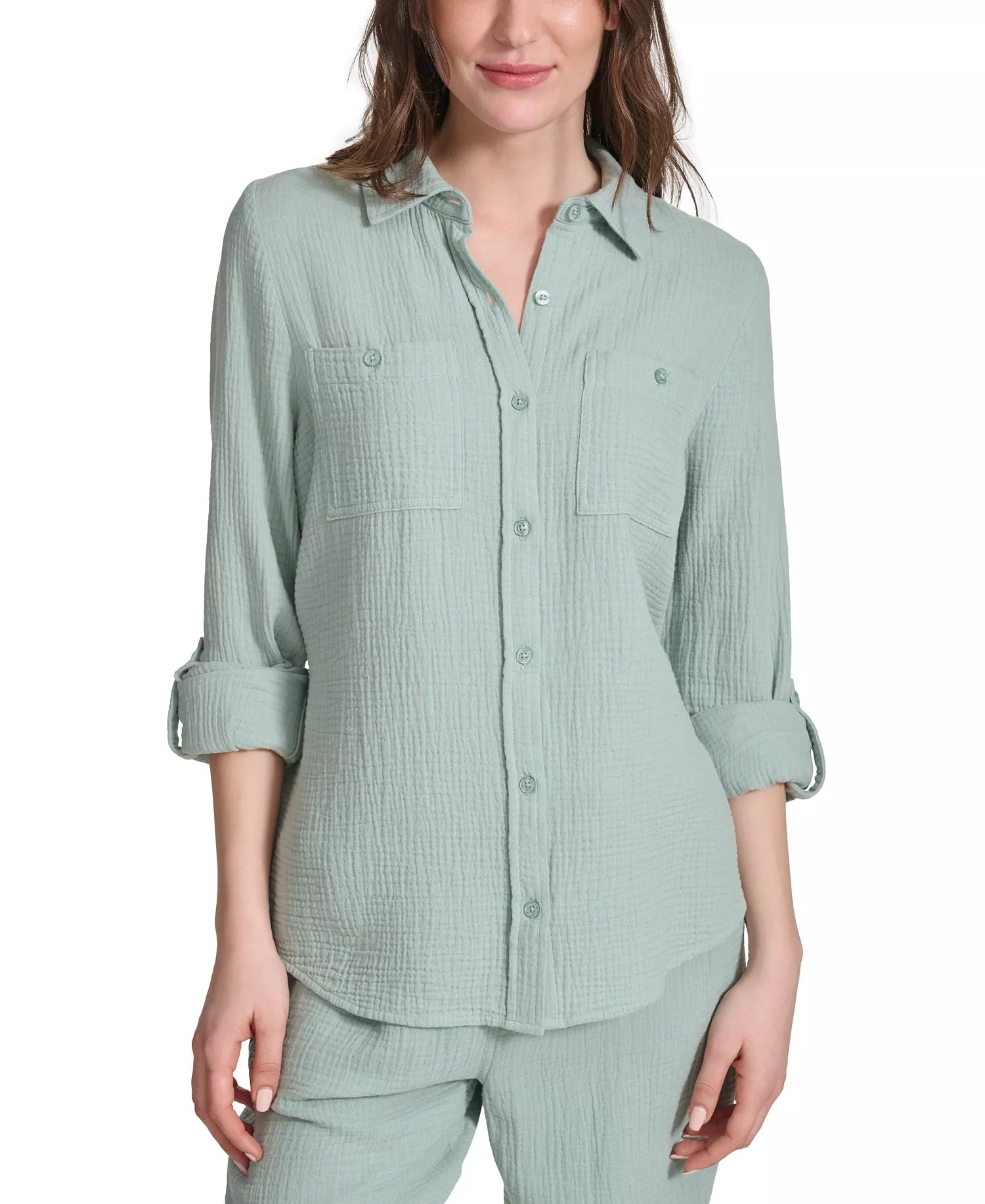 Calvin Klein Jeans Women's Green Double-Crepe Button-Down Roll-Tab-Sleeve Shirt | Calvin Klein In Lebanon