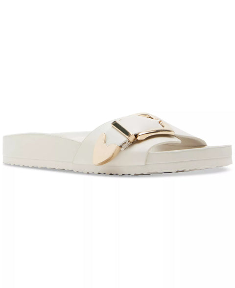 Madden Girl Women's White Brookk Buckled Footbed Slide Flat Slippers | Madden Girl In Lebanon
