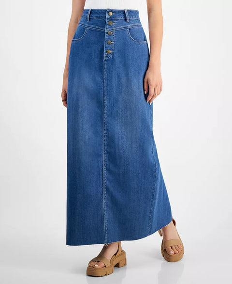 Tinseltown Women's Blue Button-Fly Seam-Yoke Maxi Skirt|Tinseltown In Lebanon