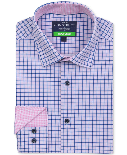 Construct Men's Blue & Navy Recycled Slim Fit Check Performance Stretch Shirt | Construct In Lebanon